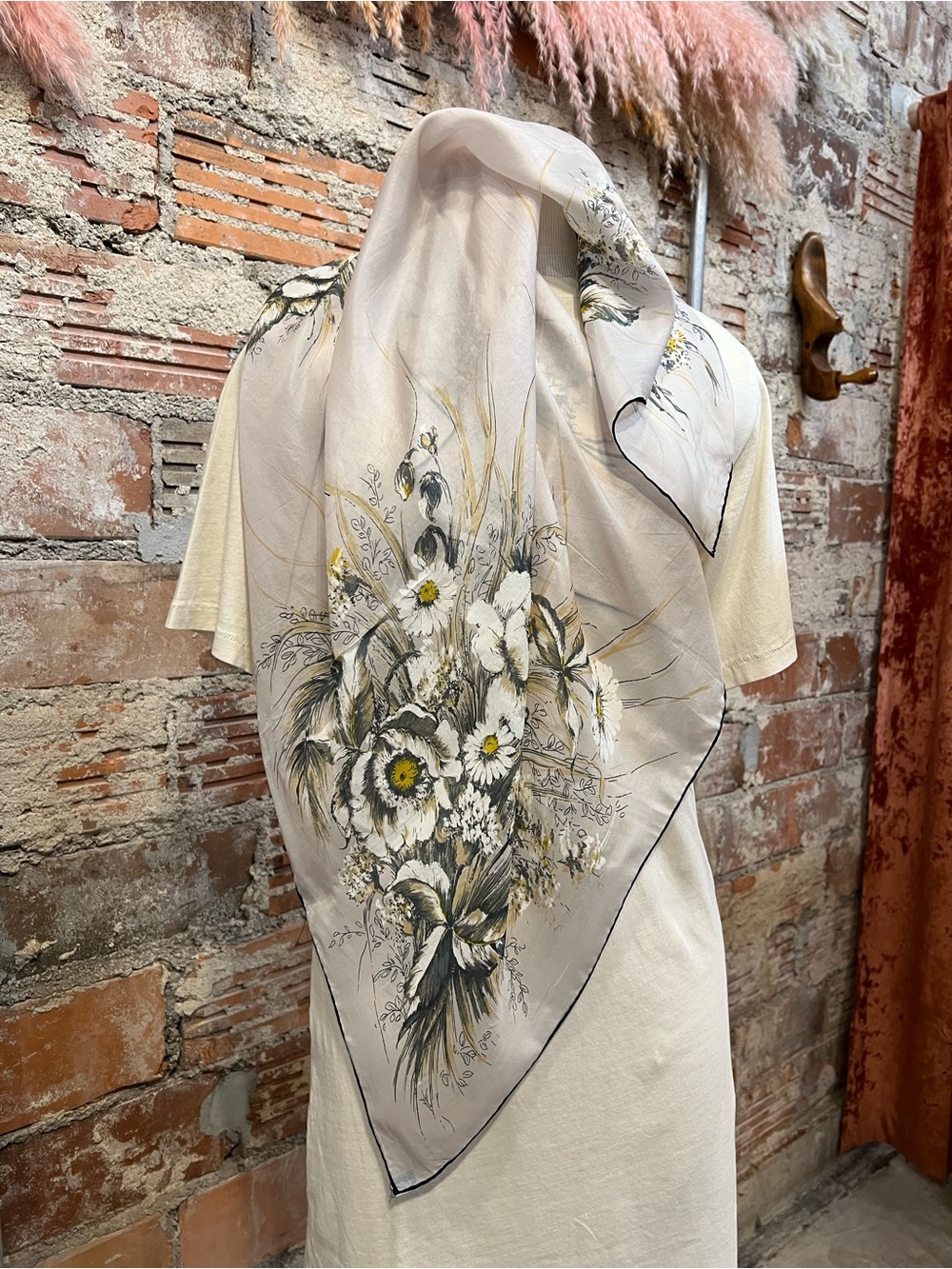 Vintage 100% Silk MADSON / pop of mustard floral 30” sq. Scarf hand rolled